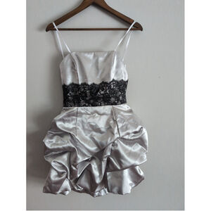 FIESTA Metallic Silver Bubble Hem Short Dress Lace Waist Women Sz S Wedding Prom